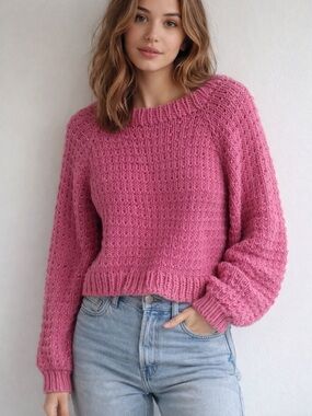 Chunky Knit Cropped Sweater Barbie Pink Balloon Sleeve Cozy Pullover